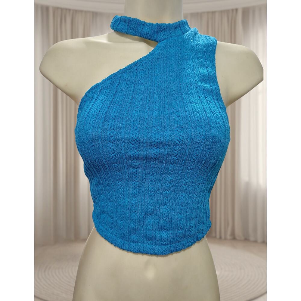 ZARA Women's Crop Top Sz S / Small, blue knit keyhole top